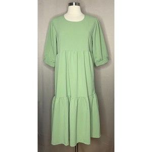 Women Green Midi Peasant Dress One Size Small to Large Tie Back Round neck